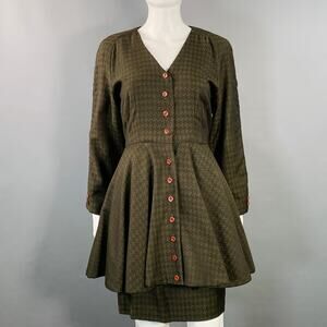 OKW Size XS Green Wool Button Down Houndstooth Mini Skirt Suit